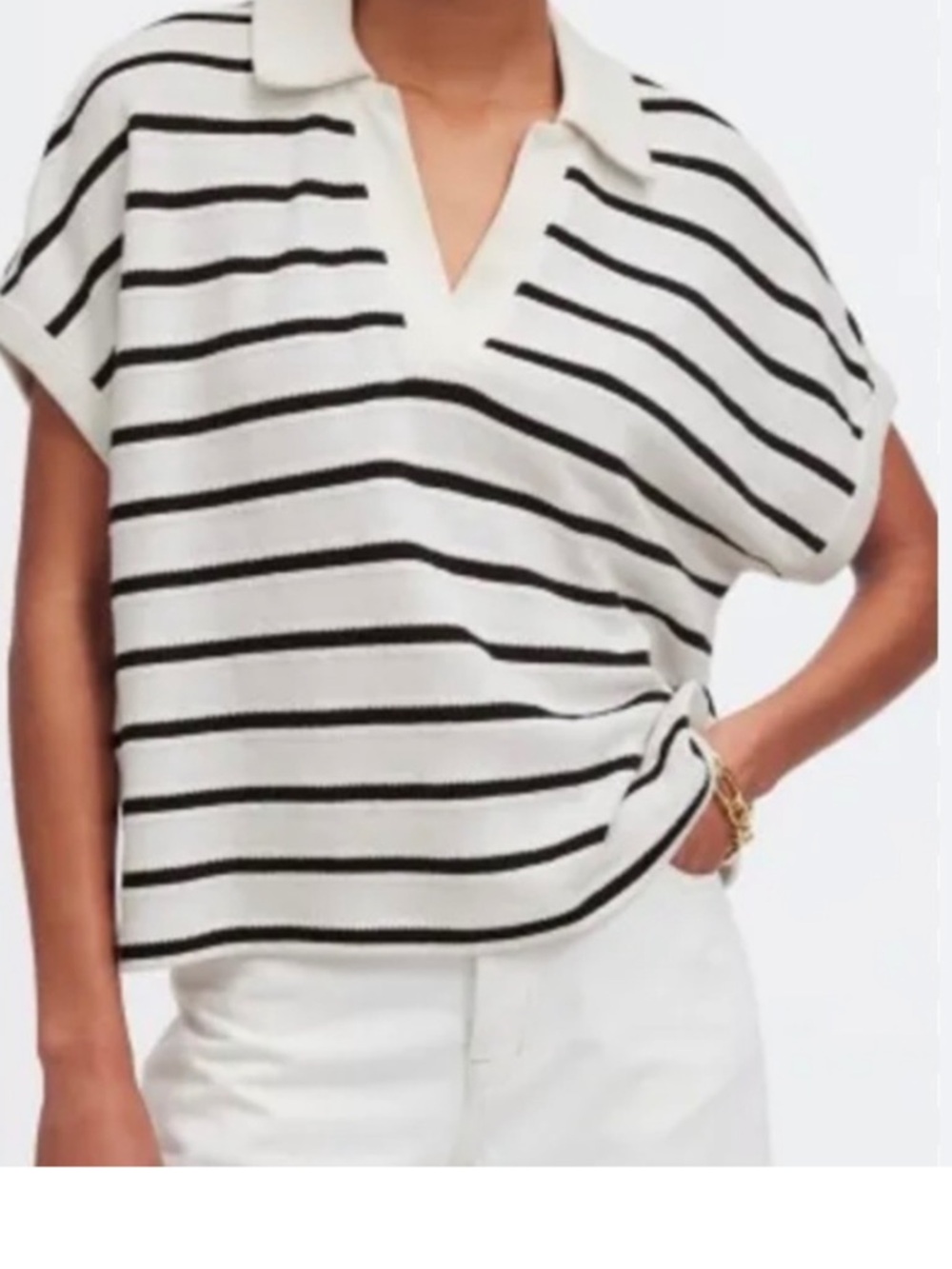 Madewell Maumau Striped Knit Polo Sweater Top - Black & White